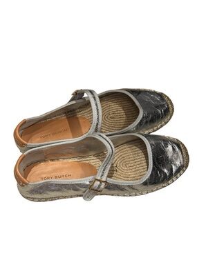 Tory Burch Silver Tan Mary Jane Espadrille Flats Leather Textile Women's